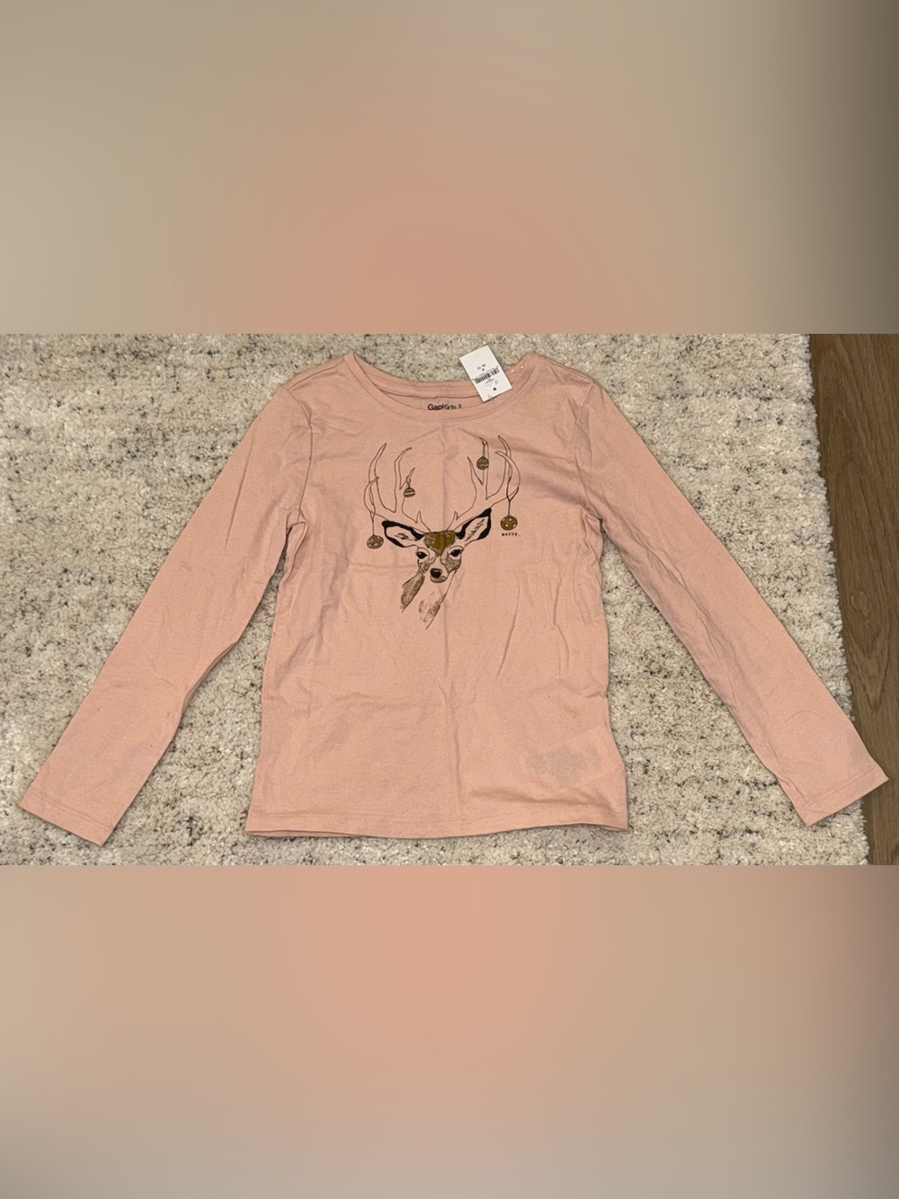 GapKids Girls Deer Graphic Long Sleeve T-Shirt Pink Size S 6-7 NWT Christmas